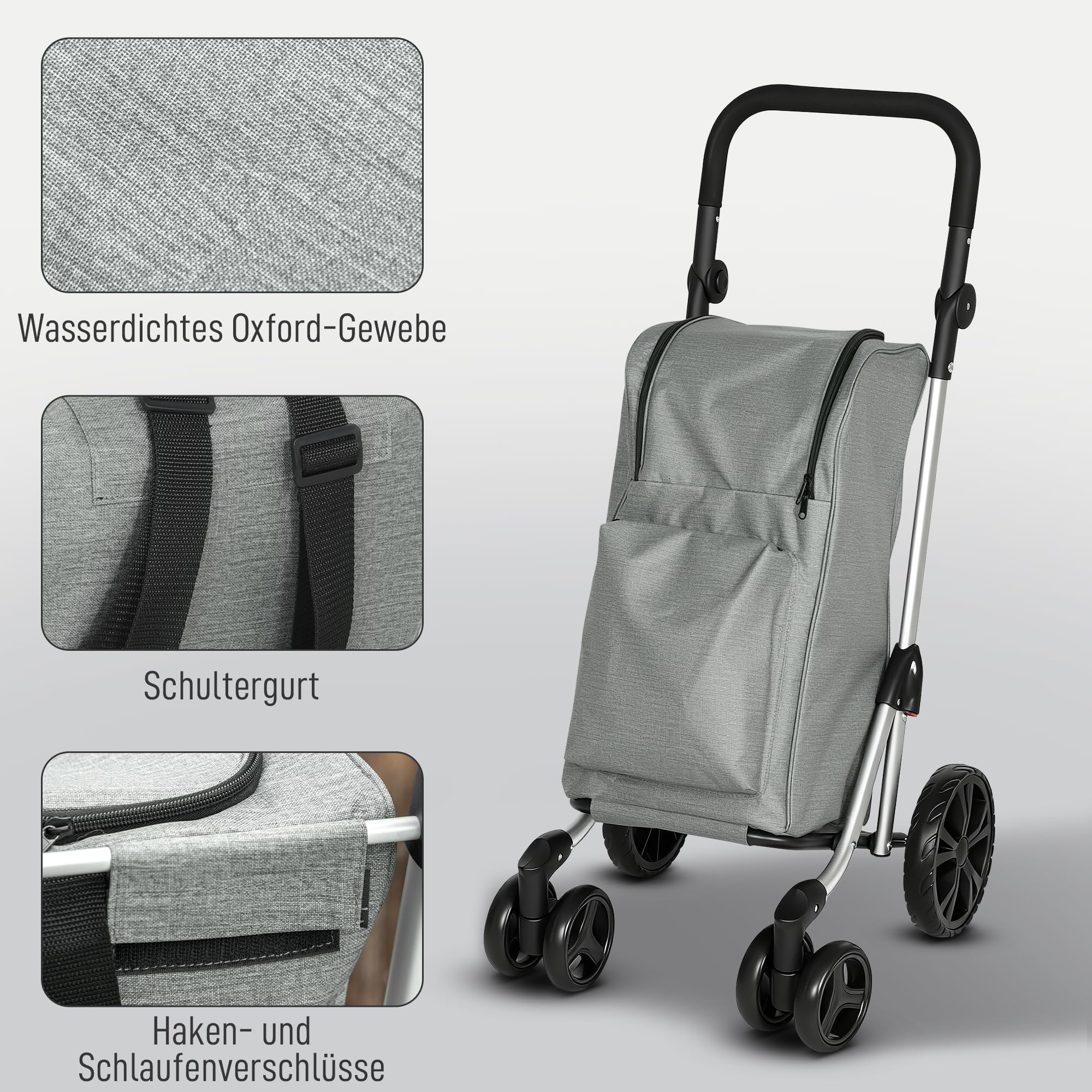 HOMCOM Wózek na zakupy, składany, z kieszenią chłodzącą, regulowany uchwyt, 46 l, szary | Wózek na zakupy, wózek 3 w 1, wózek transportowy i torba na ramię, wózek na zakupy ze zdejmowaną torbą, 6 kółek