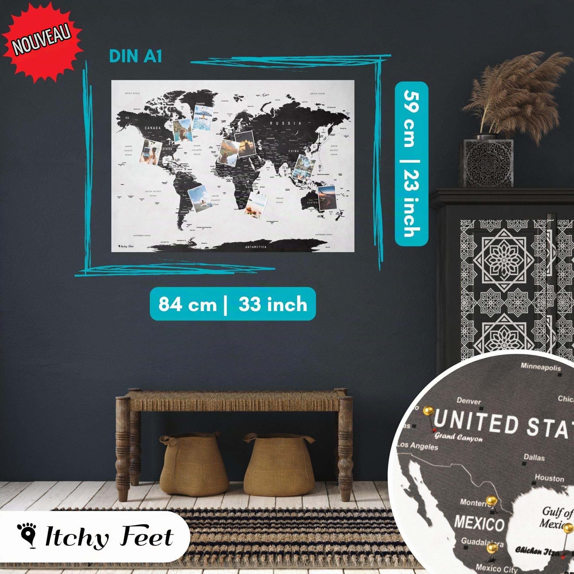 XL Carte du monde comme tableau d'affichage | Épinglez vos destinations de voyage et vos vacances | Carte sur tissu en polyester gris au toucher velouté | DIN A1 84 x 59 cm, 50 punaises incluses