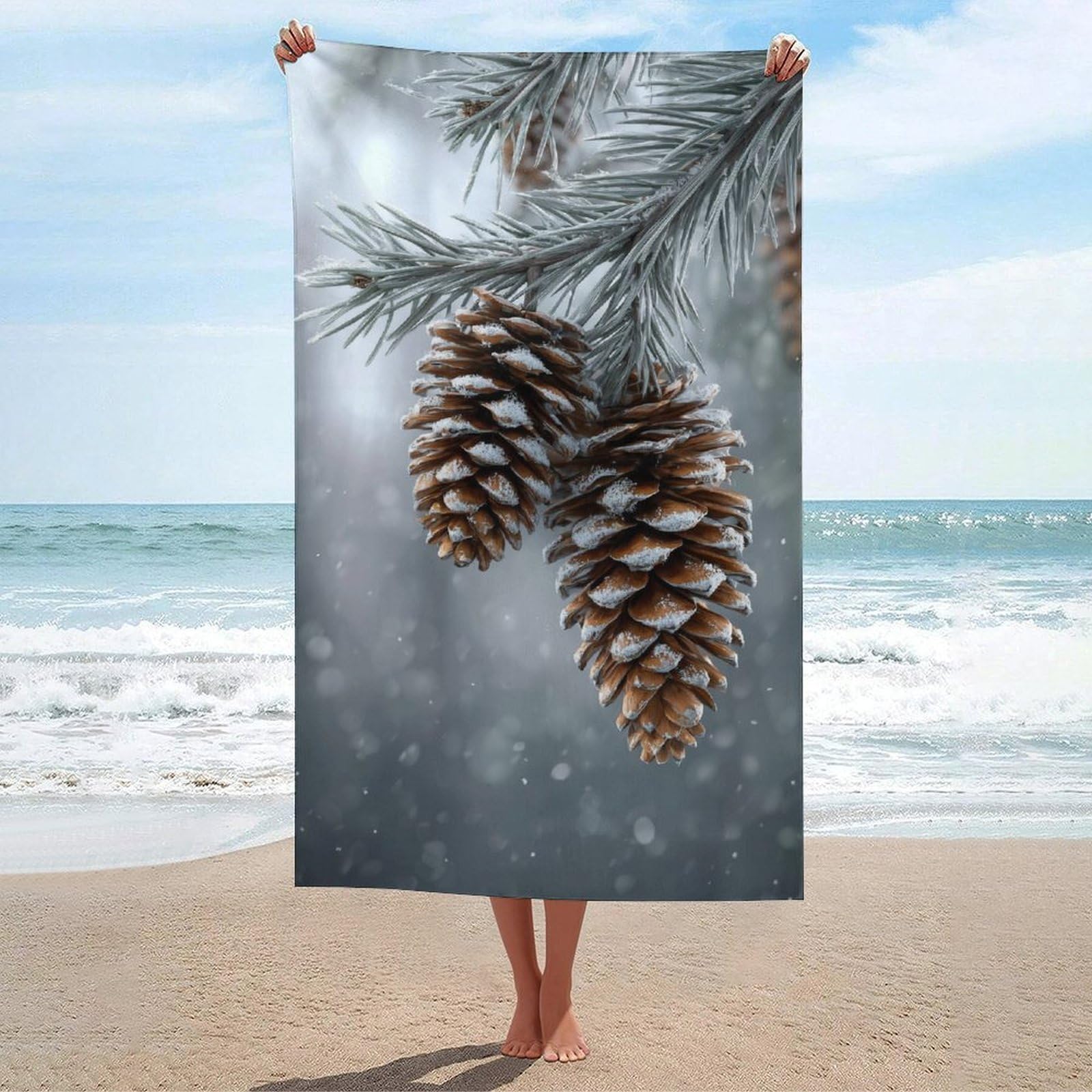 asbwuo Two Pine Cones on The Evergreen Tree Branch Beach Towel