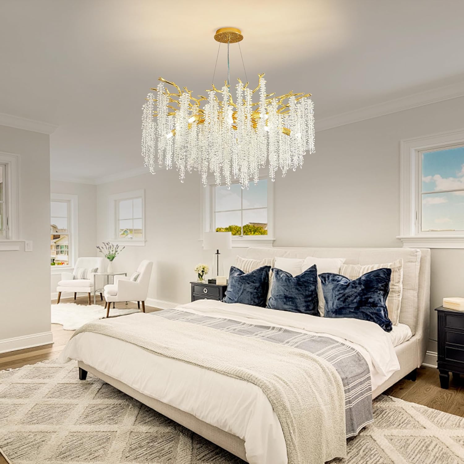Modern Crystal Tree Branch Chandelier, Gold Round Art Deco Raindrop Lighting Fixture for Dining Room Bedroom Living Room 8 Lights D23.7''