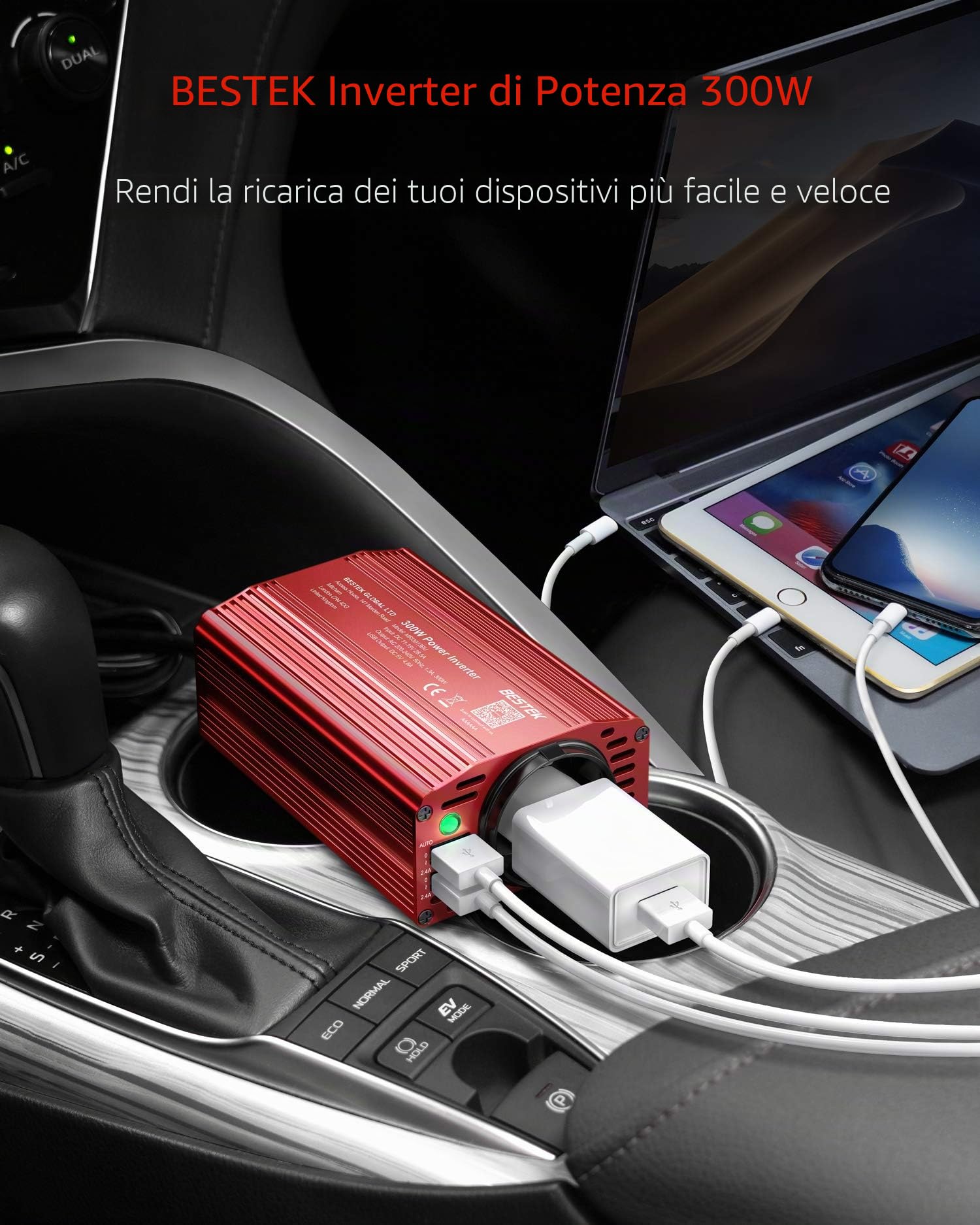 BESTEK 300W Inverter da Auto 12V a 220V con 2 Porte USB 2,4 A, Trasformatore Invertitore di Potenza per Camper Viaggio[Onda Sinusoidale Modificata, Adattatore Accendisigari, Clip per Batteria]