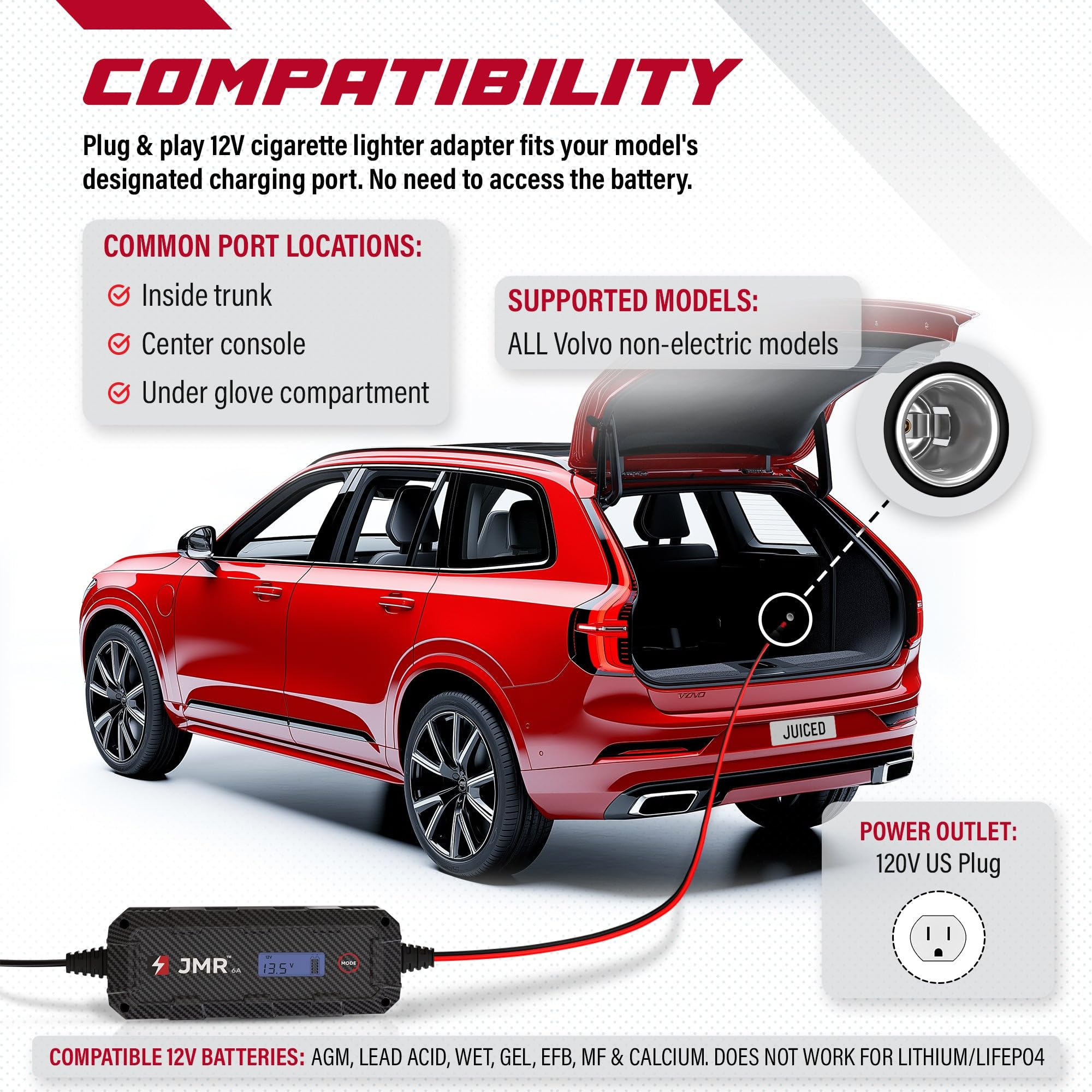 JMR Battery Charger for Volvo XC90 XC60 V60 S90 S60 V90 S80 XC70 XC40 C70 V70 V50 S40 C30 All Models Trickle Charger Conditioner Maintainer (No Lithium Mode)