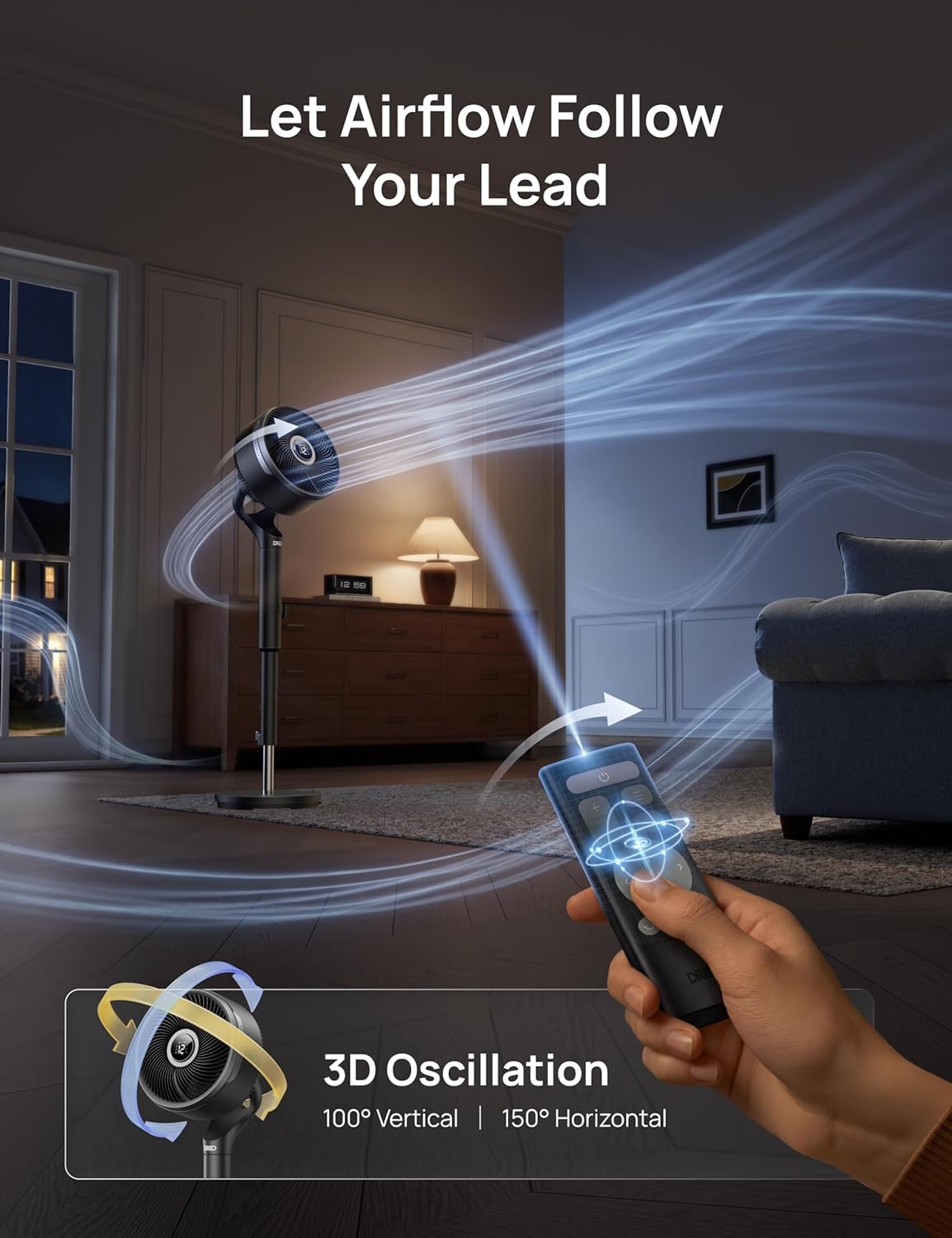 DREO Smart Fan for Bedroom, standing 150° +100° Omni-Directional Oscillating Fans, 120ft CirculAir Quiet Fan with DC Motor, 12 Speeds, 6 Modes, 20dB,Remote Control, 12H Timer