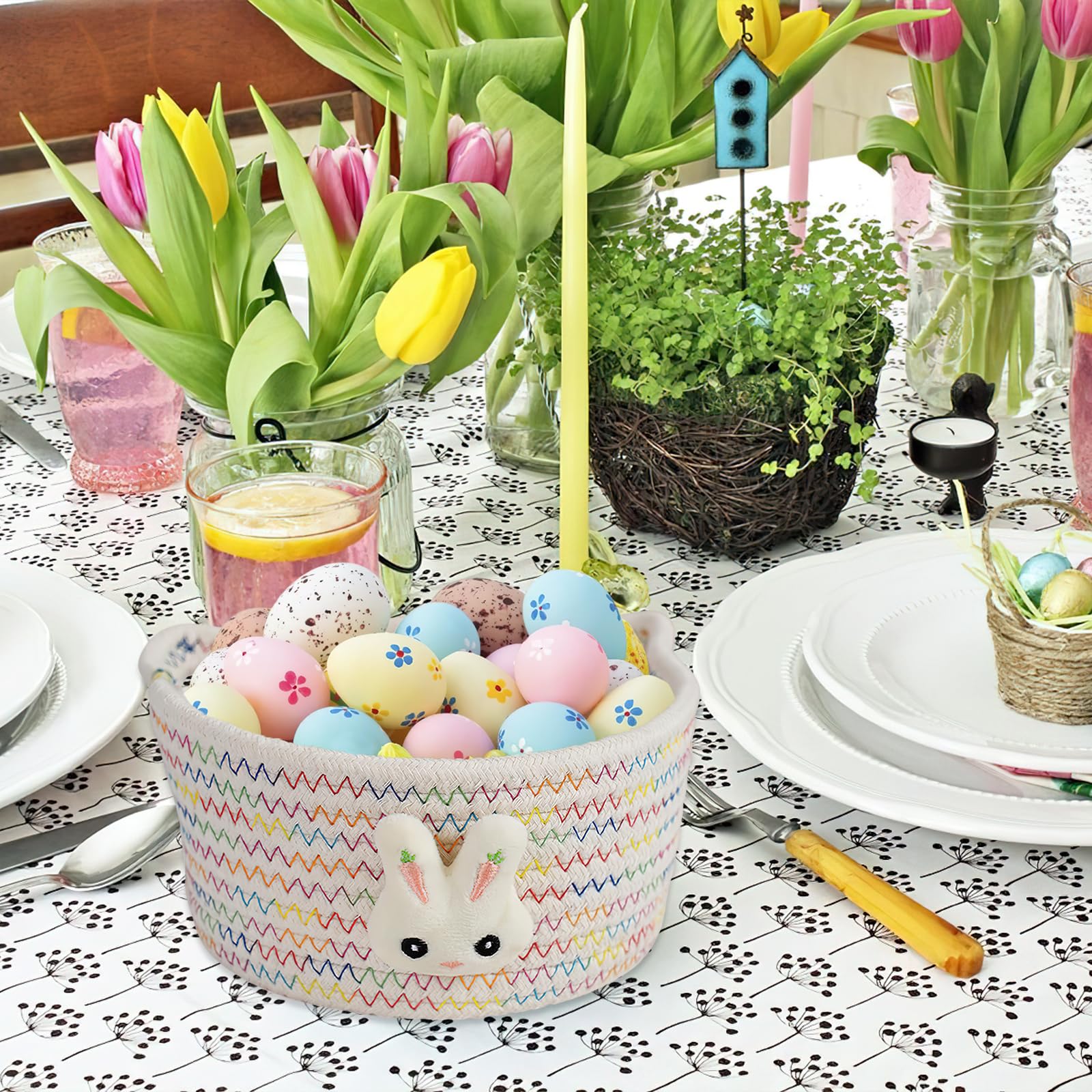 Easter Bunny Woven Baskets Cute White Rabbit Woven Basket Egg Storage Baskets Gifts Tiny Basket for Table Bathroom Closet Room Organizer Decor