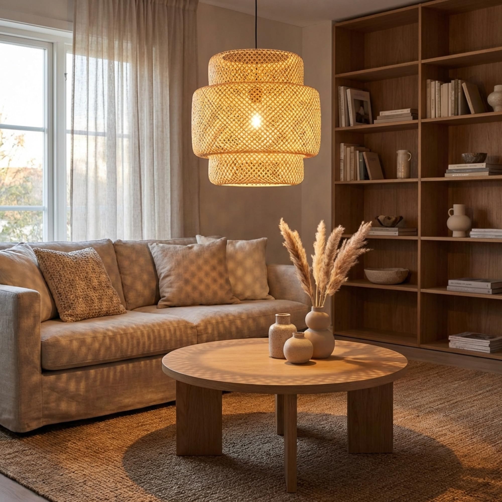 BARCELONA LED Hängelampe Onna aus natürlichem Rattan Ø40 cm. Handgefertigte Pendelleuchte im Boho Stil mit E27 Fassung bis 60W, 3 Kabel-Optionen, warmes Licht für Wohnzimmer & Esszimmer