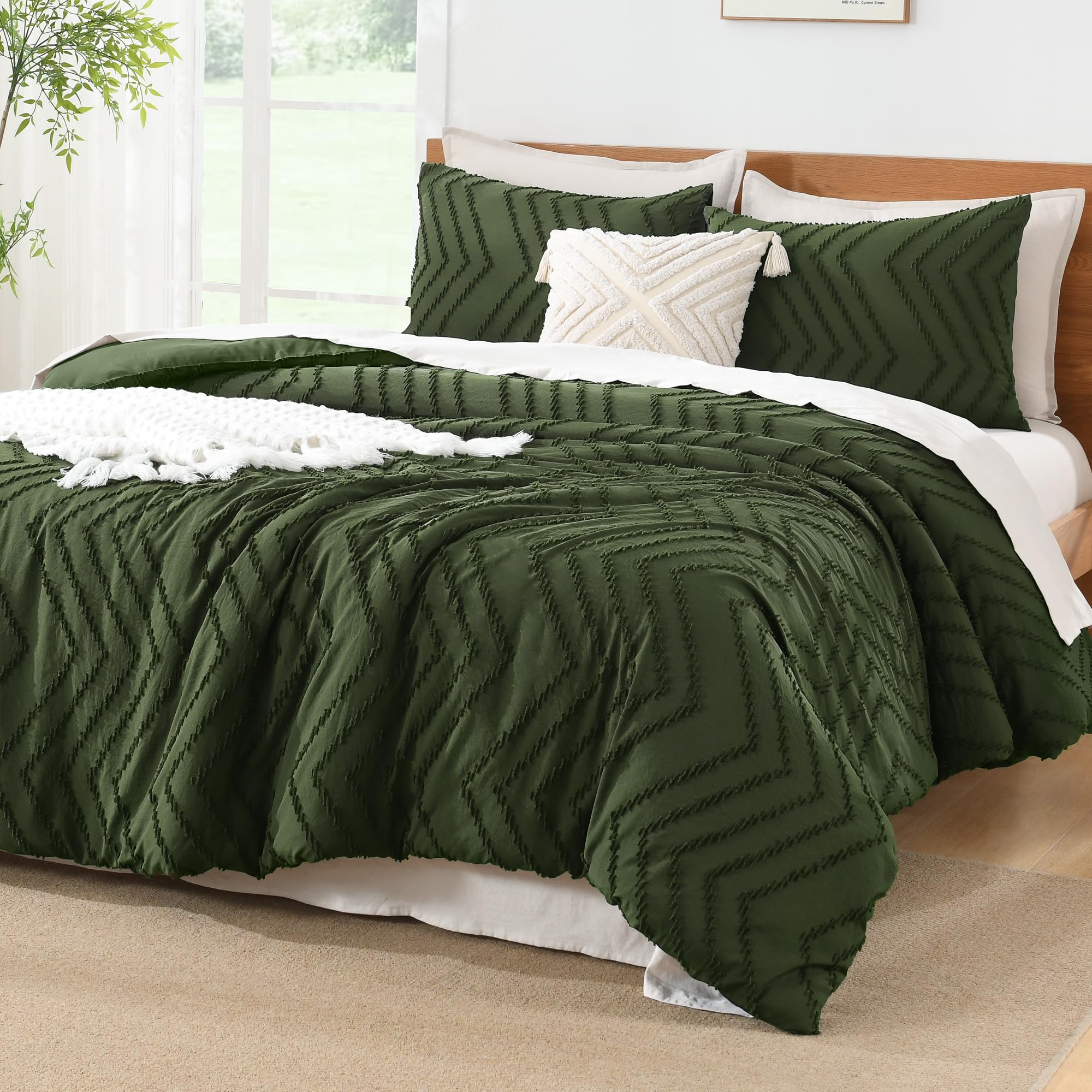 Litanika Boho Queen Comforter Set, 3 Pcs Olive Green Lightweight Bedding