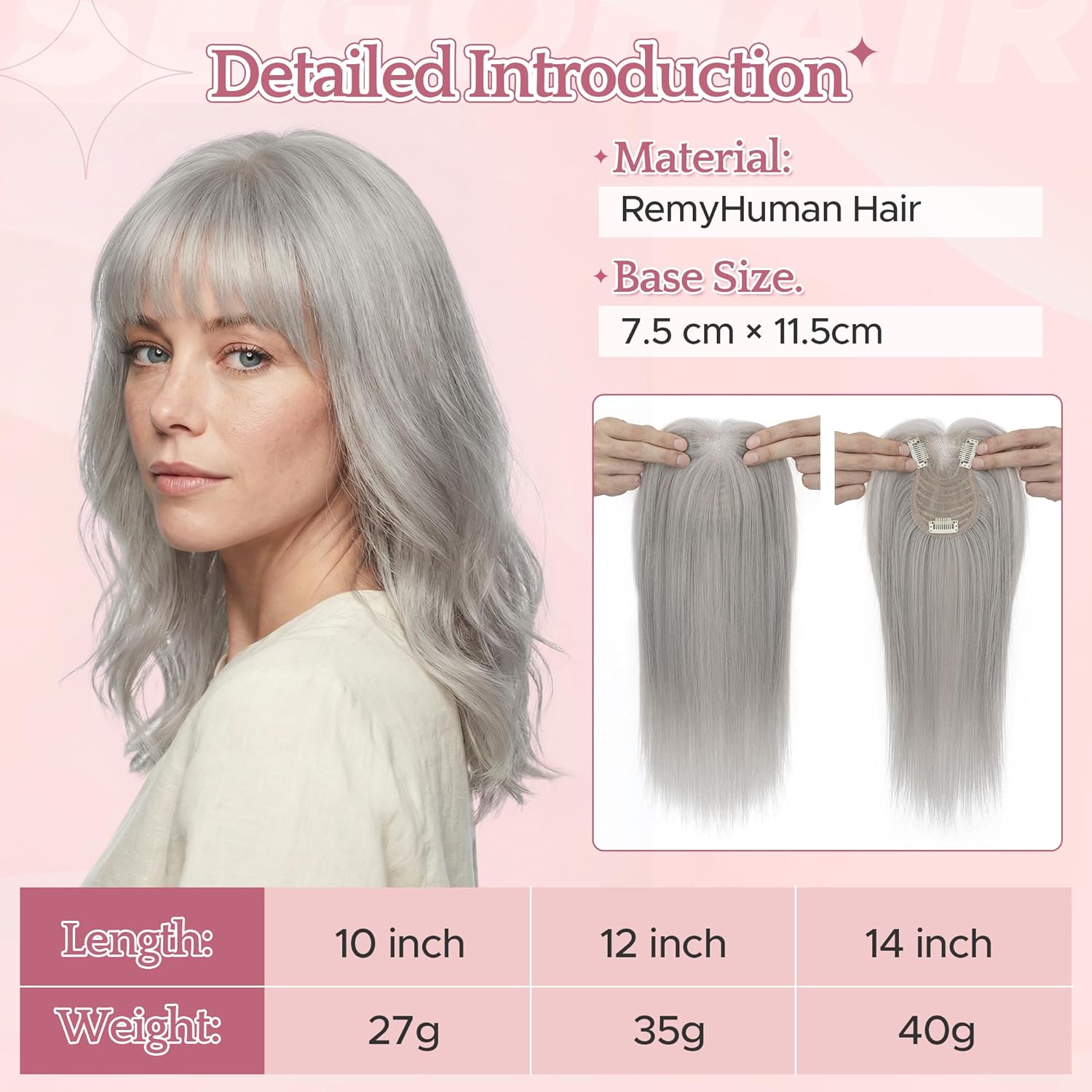 SEGO Hair Toppers for Women Human Hair Wispy Bangs, Hand-tied Lace Front Invisible Edges Breathable Fluffy Clip in Top Hairpieces for Thinning Hair -14 Inch #G1 Silver Grey