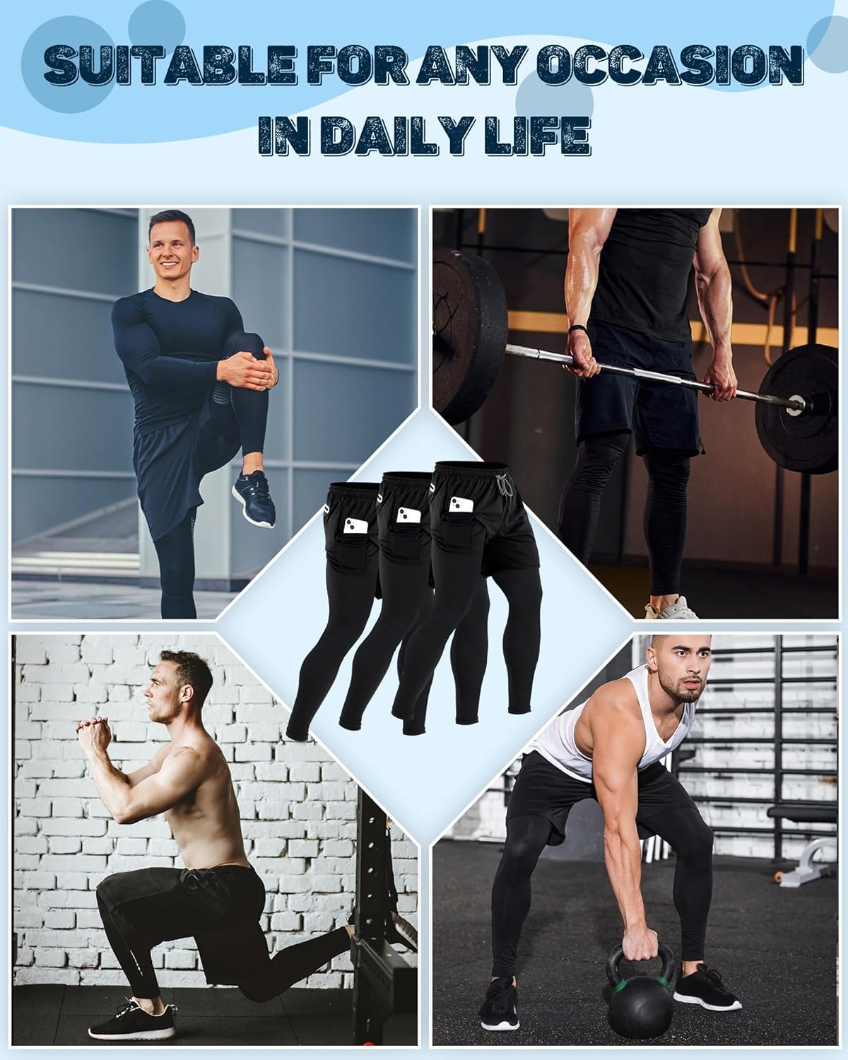 3 Pcs Men's 2 in 1 Athletic Running Pants Quick Dry Workout Compression Pants with Pockets Towel Loop - Image 6