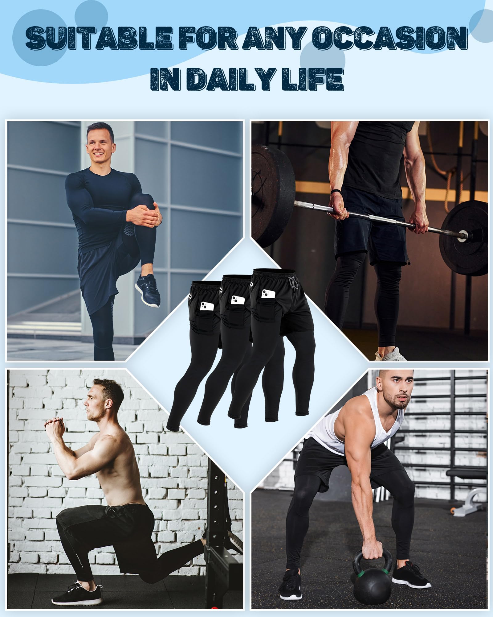 Cutecrop 3 Stück Herren 2-in-1 athletische Laufhose, schnelltrocknend, Workout-Kompressionshose mit Taschen, Handtuchschlaufe
