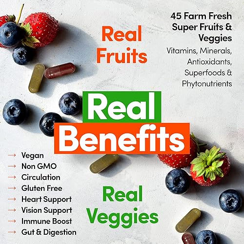 Miniatura 3 de Country Farms Suplemento de frutas y verduras, 180 cápsulas de frutas y 180 verduras, verduras y rojos llenos de superalimentos, potentes