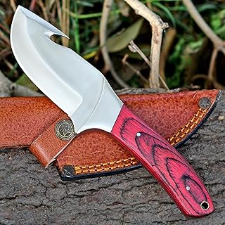 Custom Handmade Gut Hook Hunting Knife - EDC 8-Inch Skinning knife for Hunting Camping Survival Fixed Blade Knife with Sheath & PakkaWood Red Handle - WARIVO KNIFE