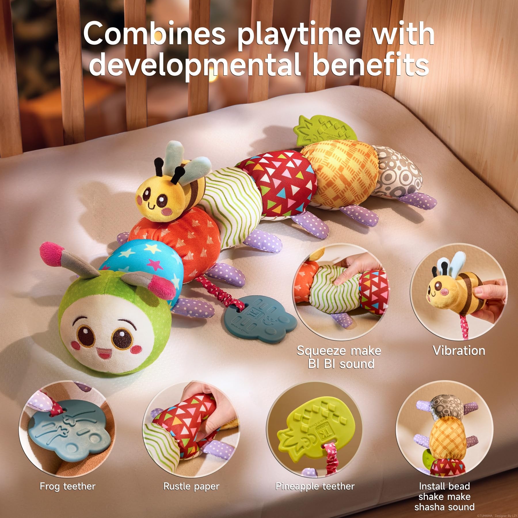 TUMAMA KIDS Colourful caterpillar baby toy with rattles, crackles, squeakers and teething rings - Image 4