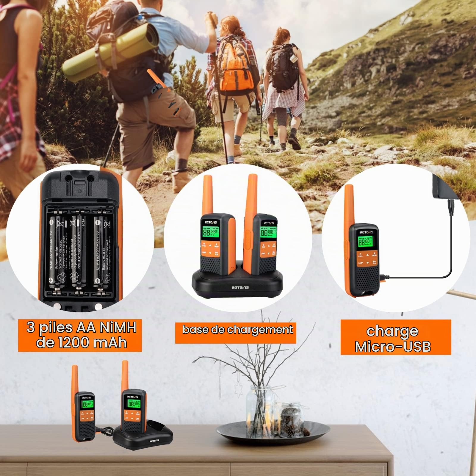 Retevis RT649 Talkie Walkie, Rechargeable PMR446 Toki Walki IP65 Étanche | Takie-Walkie Longue Portée, Camping Chasse, 1200 mAh Radio avec Chargeur de Bureau USB, Serrure à Clavier, Lampe de Poche