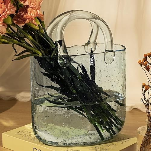Miniatura 6 de Florero para flores  Jarrón de bolsa de vidrio para bolso exquisito y único con diseño de asa, florero versátil para decoración del hogar (1 jarrón