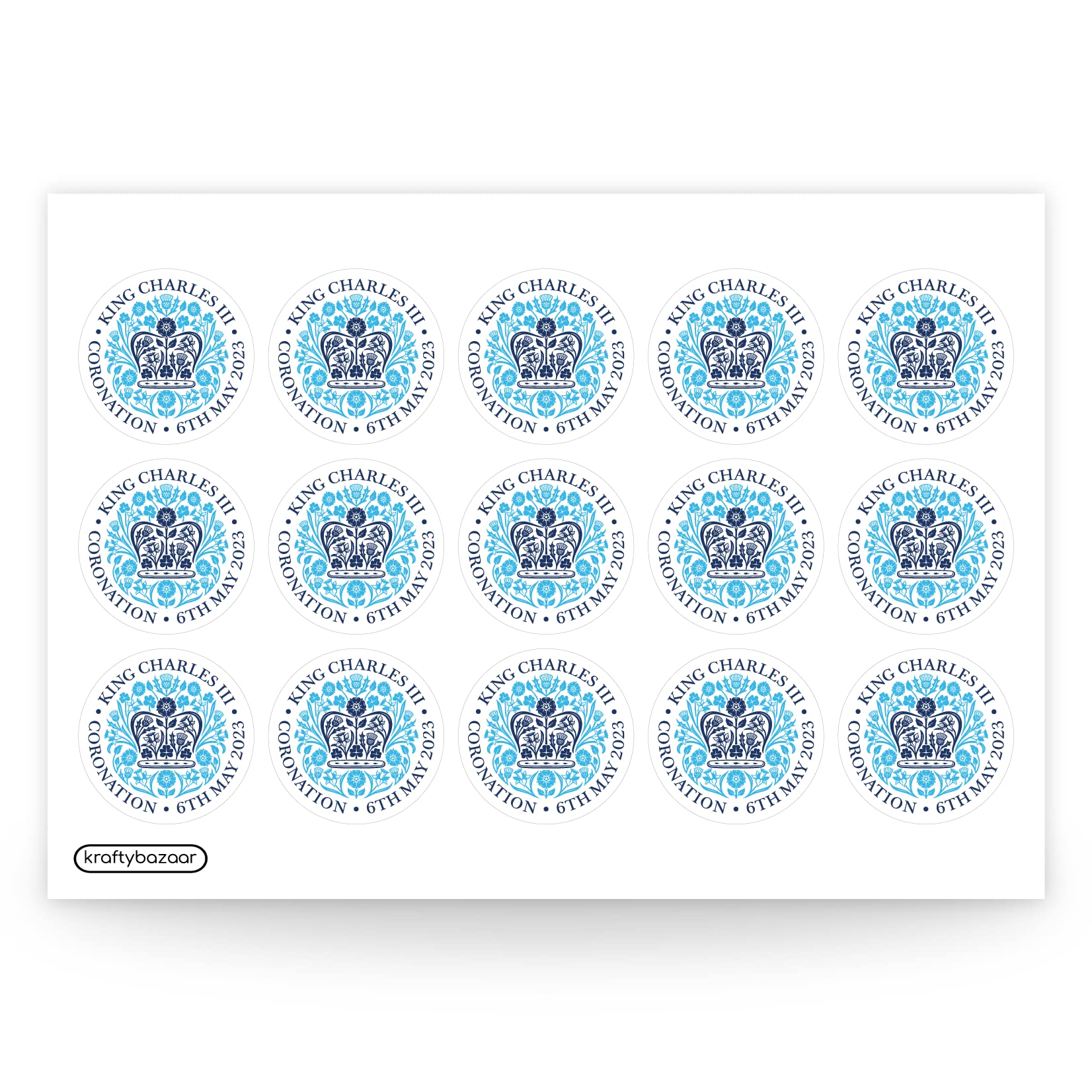 King Charles III Coronation Emblem Paper Labels, God Save The King 37mm Self-Adhesive Stickers, Multipack Stationery Craft Decor Labels (Blue, Pack of 180 Labels)