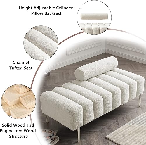 Miniatura 5 de Setawix Banco otomano de tela de peluche, extremo de la cama, canal, copetudo, para dormitorio, ventana, bancos de entrada, rectangular, de sherpa,