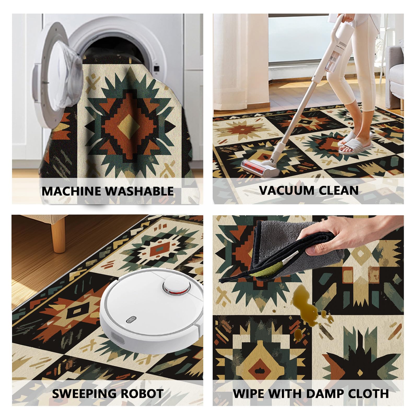 Navajo Aztèque Tapis de Salon Lavable en Machine Antiderapant Amérindien Western Tapis Chambre Adulte Descente de Lit 120x160cm Carpet Interieur Doux et Moelleux Salle à Manger
