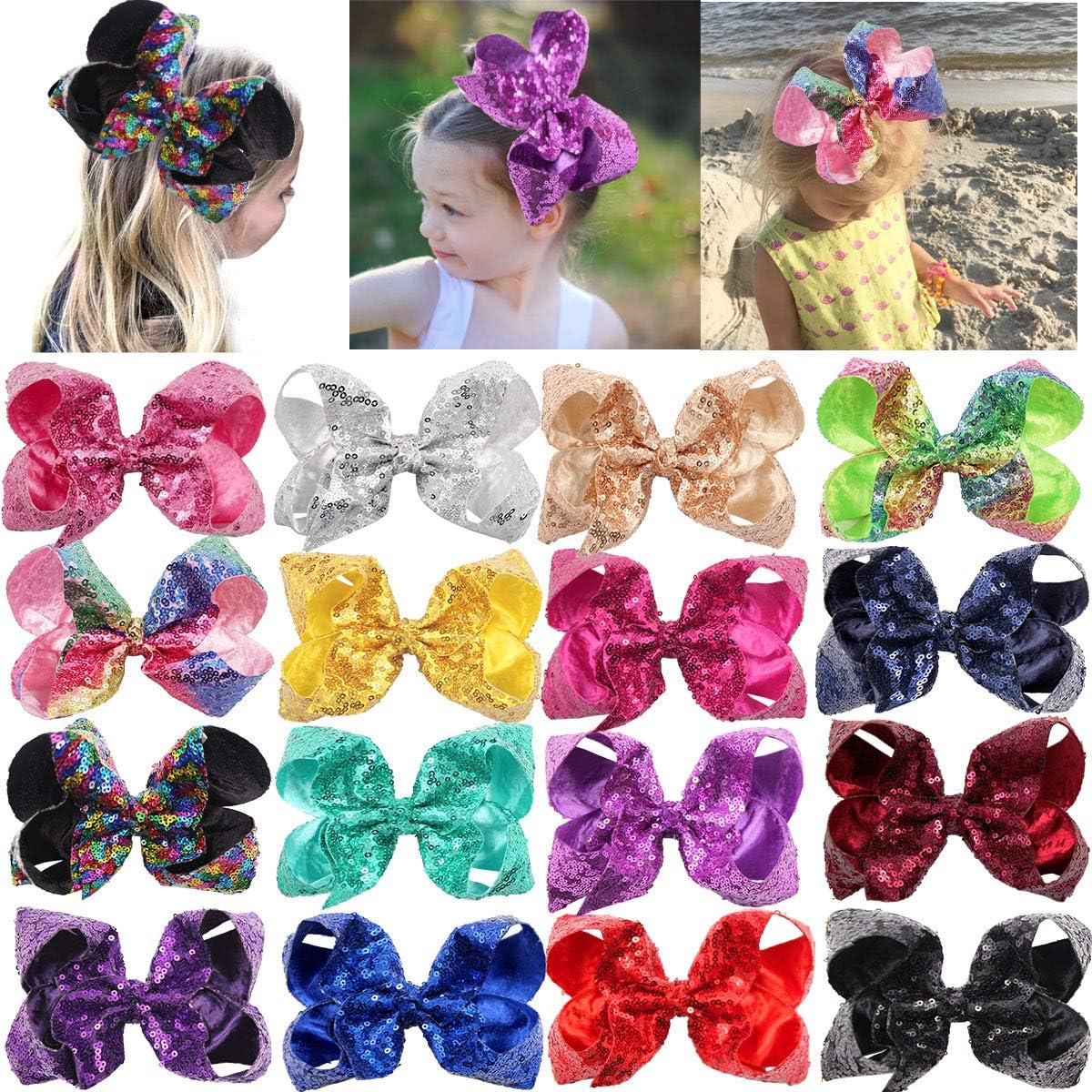 DeD 16 Pieces 8 Inch Large Sequin Hair Bows with Clips Sparly Rainbow Bow Hair Barrettes for Toddlers Kids Children Teens