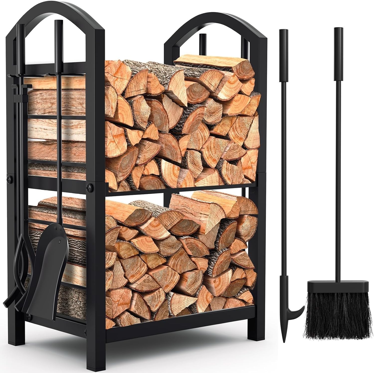 Garvee Leñero de Hierro para Interior y Exterior, Estante de Almacenamiento para Leña de 244 x 30 x 122 cm, Soporte Metálico Resistente con Capacidad de 450 kg para Chimenea y Jardín, Negro Mate