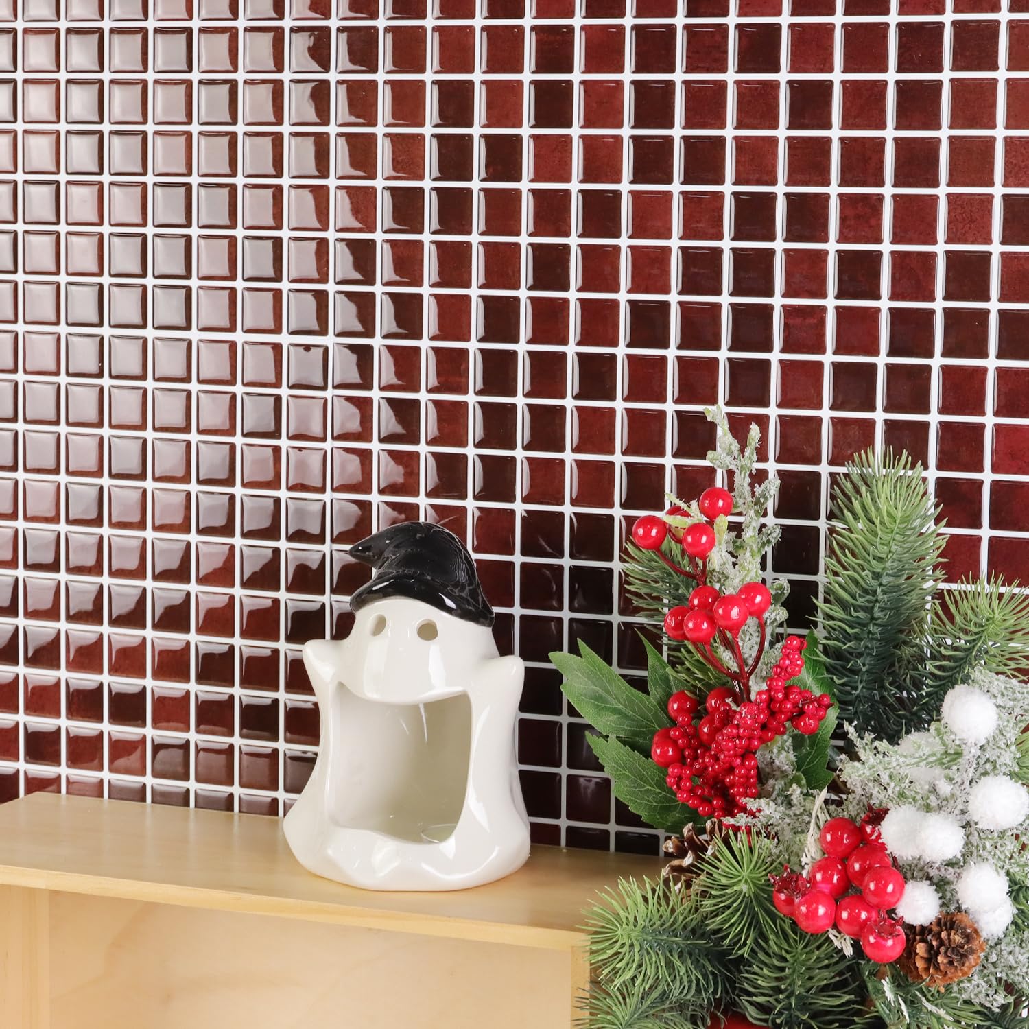 Alwayspon Lot de 10 autocollants muraux en vinyle mosaïque 3D imperméables à coller sur mur de cuisine, salle de bain, 25,4 x 25,4 x 25,4 cm (rouge rétro)