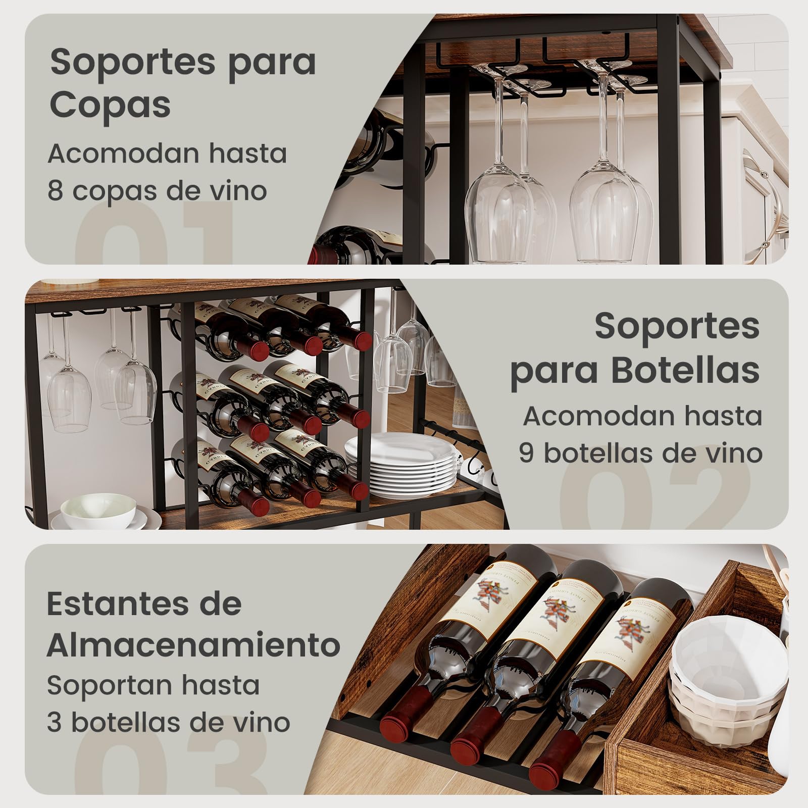 GIANTEX Carro de Servicio Industrial de 3 Niveles, Carrito de Cocina con Portavasos, Soporte para Botellas, 2 Bandejas Inferiores, Ruedas Universales con Cerradura para Comedor (Marrón)