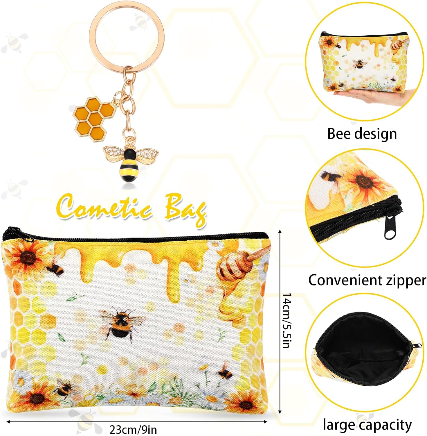 Uiifan 3 Pcs Christmas Bee Themed Gifts Bee Tumbler 20 oz with Lid and Straw, Bee Cosmetic Bag Makeup Bags and Bee Keychains for Women Bee Lovers, Beekeepers - Image 3