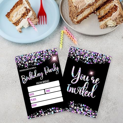 Miniatura 3 de Invitaciones de cumpleaños para niña, 20 invitaciones temáticas de lentejuelas con purpurina de doble cara con sobres para niña, recuerdo de fiesta