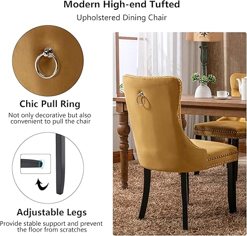 Miniatura 5 de Juego de 4 sillas de comedor de terciopelo, sillas de comedor tapizadas con ribete de cabeza de clavo, patas de madera, anillo de tracción, sillas