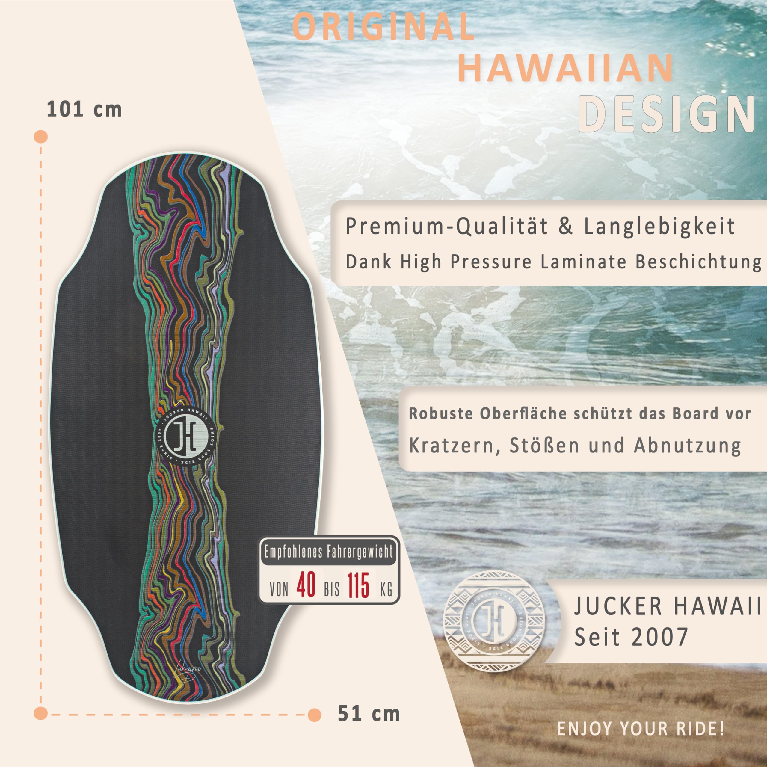 JUCKER HAWAII Skimboard HPL Lahaina Pro Tabla de esquí profesional con revestimiento HPL de doble cara y capa antideslizante EVA
