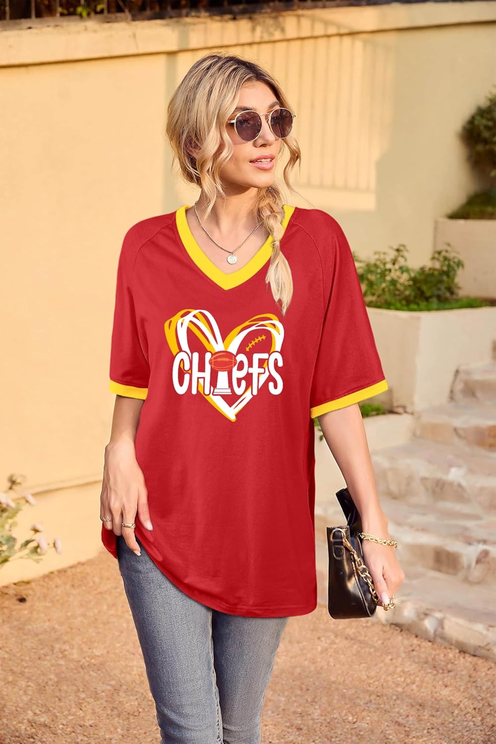 Football Shirts for Women Game Day V-Neck Tshirt Casual Football Short Sleeve Team Fan Graphic Tee Top - Image 3