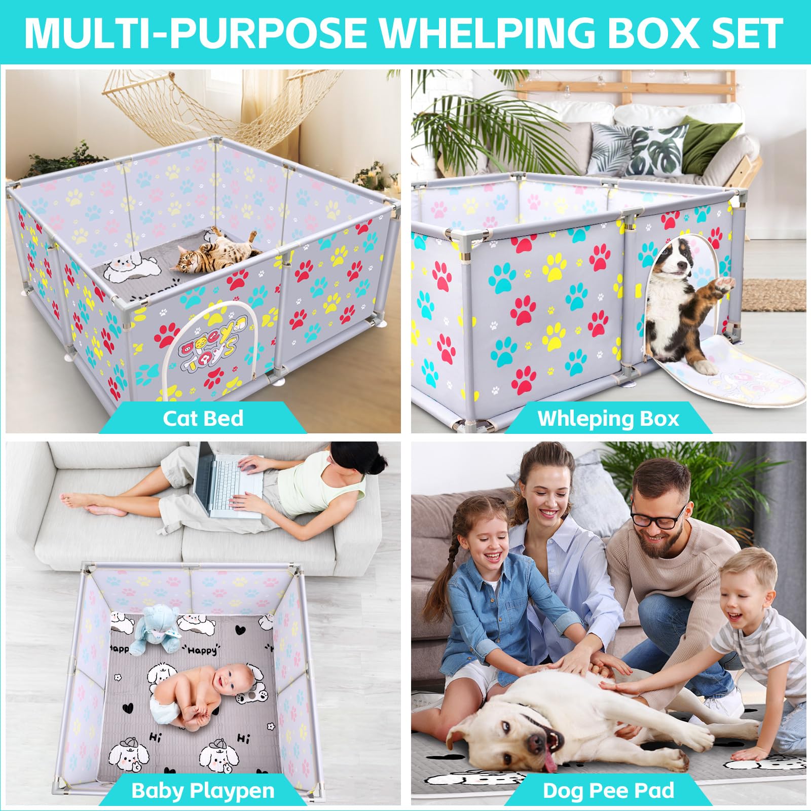 Caja de parto para perros, corral extra alto de 24.8 pulgadas con almohadilla de parto, suministros de parto para perros cachorros, caja de parto para perros grandes y pequeños (47 pulgadas de