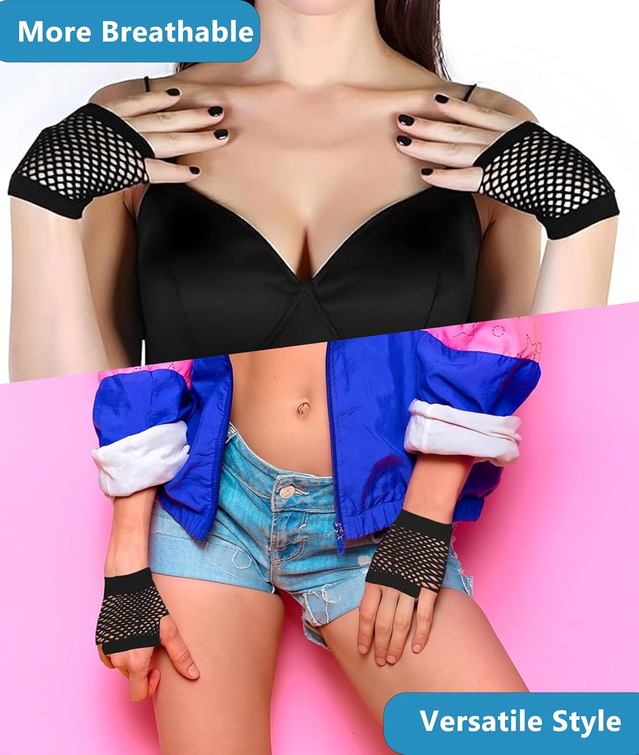12 Pairs Fishnet Gloves Fingerless for Women - Stretchy Mesh Glove 80s Party Accessories, Breathable Black Fish Net Gloves for Cosplay, Halloween, Concerts