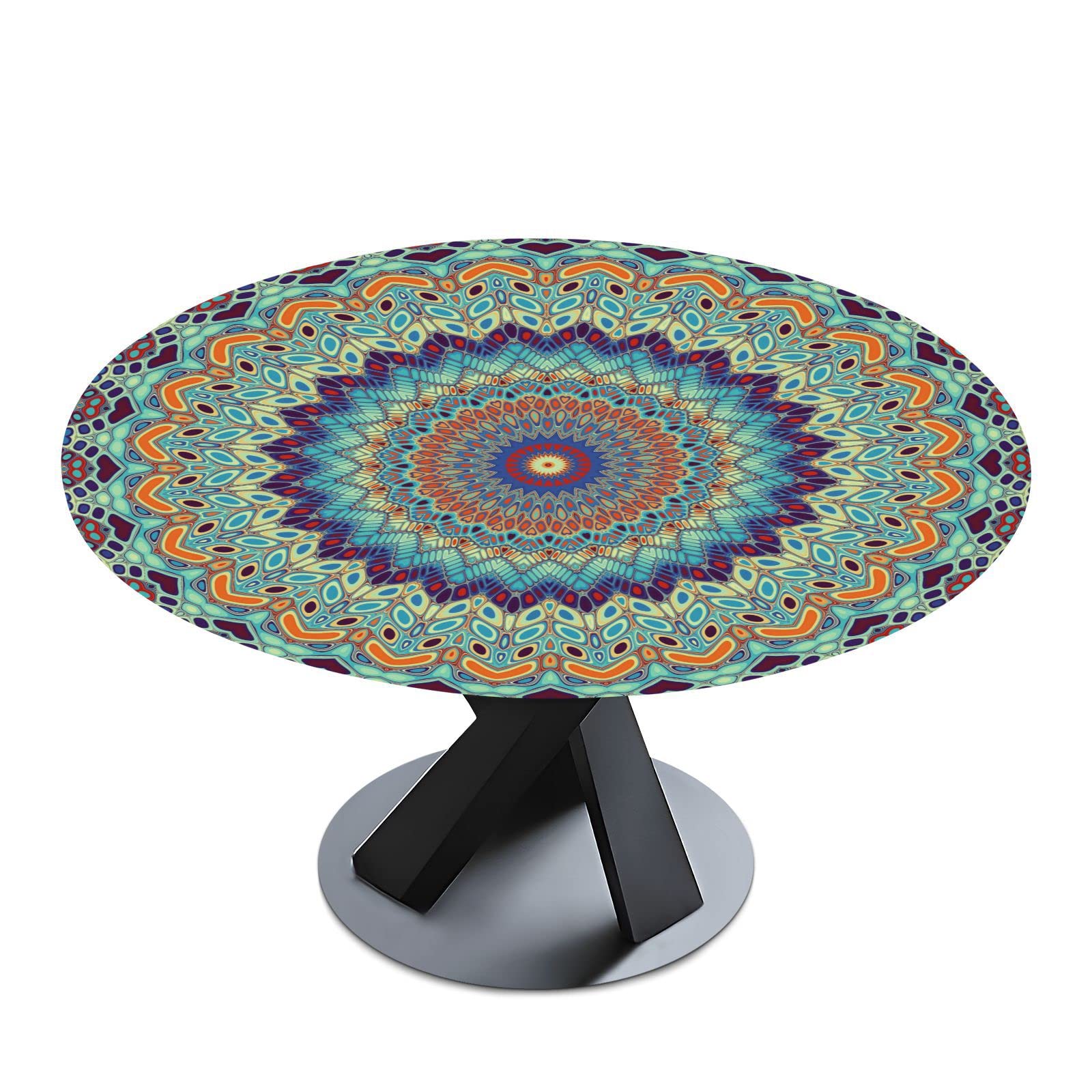 ALAZA Blue Mandala Round Tablecloth, Fitted Round Table Cloth with Elastic Edge Wipeable Table Protector for Indoor Outdoor Party Picnic Fit Table 48