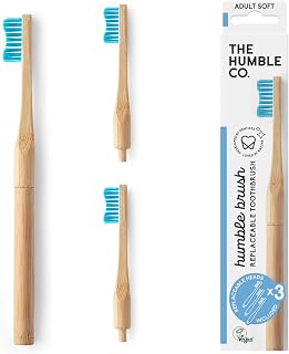 The Humble Co. Bamboo Toothbrush & 3 Toothbrush Heads Vegan and Eco Friendly Toothbrushes for Sustainable Zero Waste Oral Care, BPA Free Soft Bristle Toothbrush (Blue)