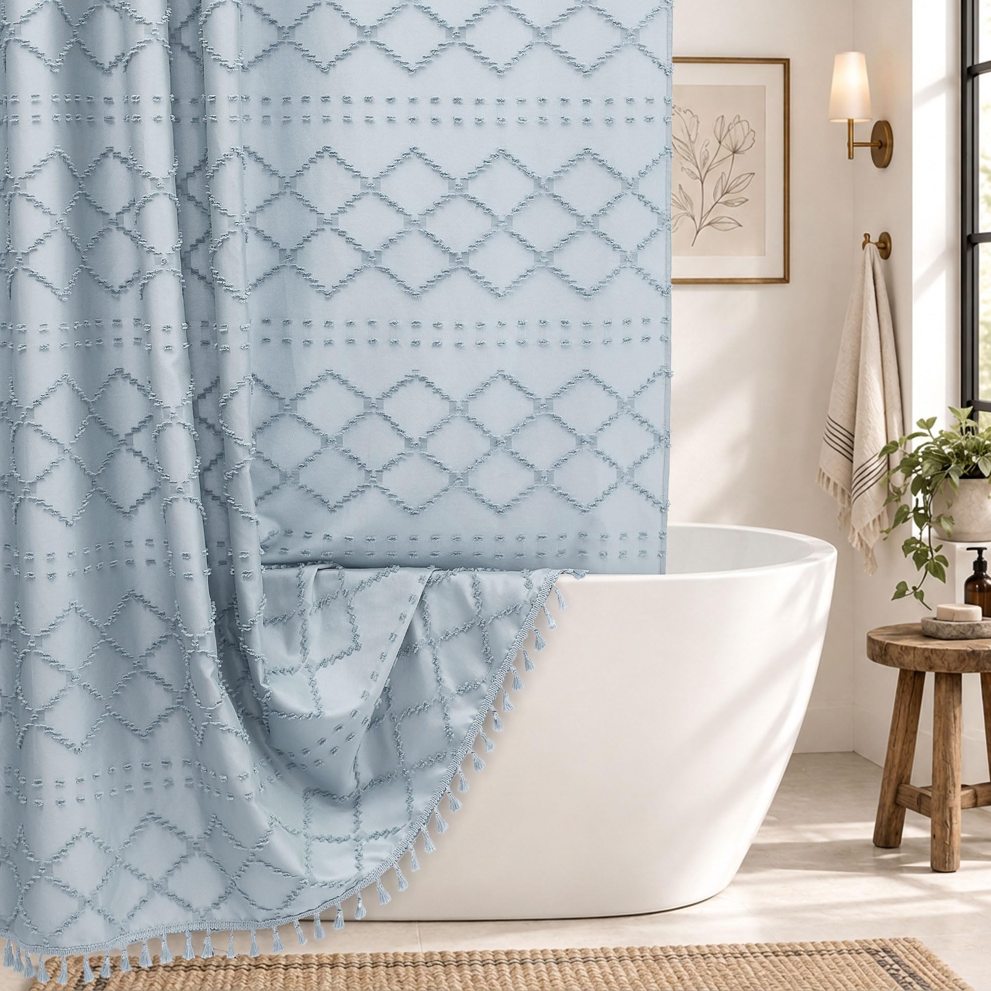 Siiluminisoy Extra Long Fog Blue Boho Shower Curtain - Woven Fabric, 72 x 84 Tufted Chevron Textured Striped Modern Farmhouse Minimalist Cloth Shower Curtain for Bathroom