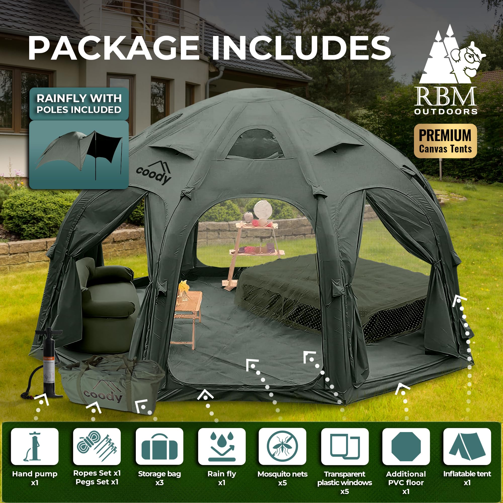 Coody Aurora Dome Inflatable Canvas Camping Tent for 2–4 People