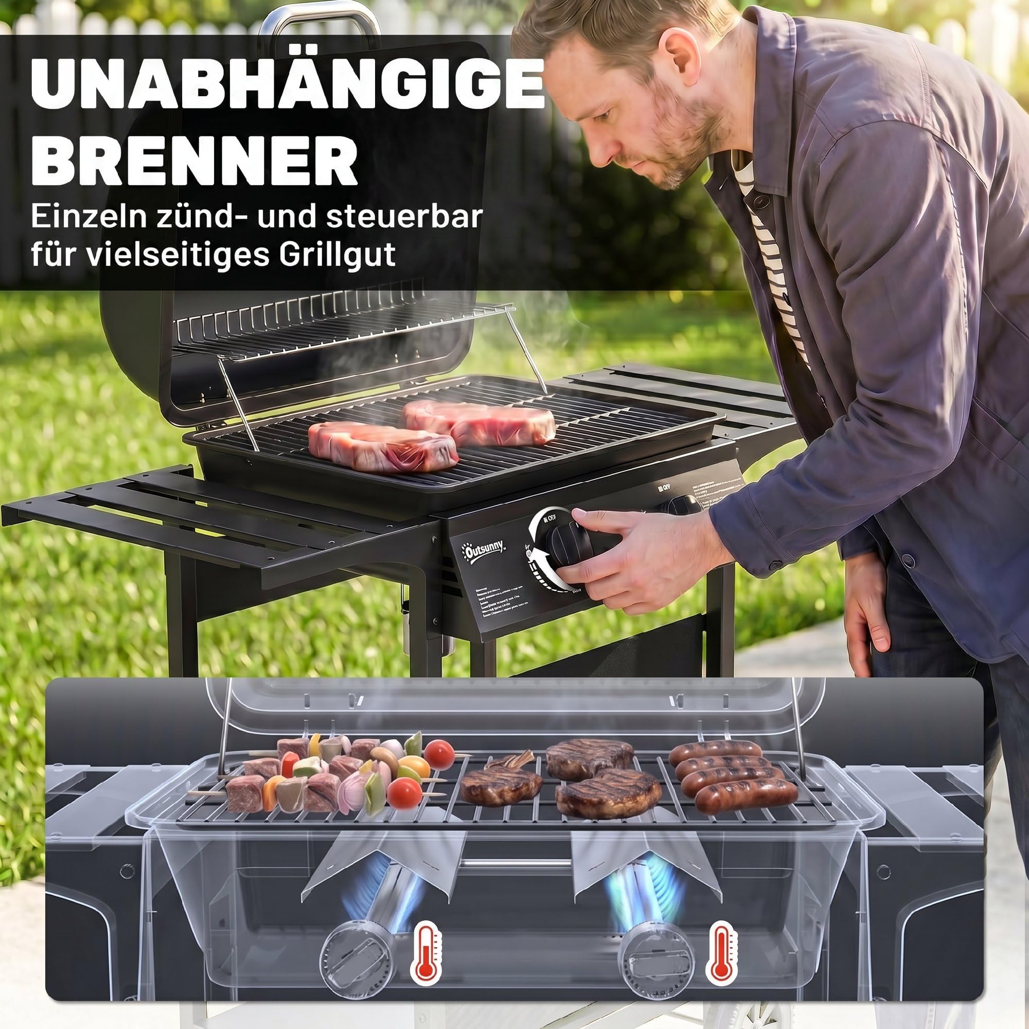 Outsunny Gasgrill 5 KW 2 Brenner BBQ Grillwagen Edelstahl inkl Seitentisch Unterkorb Frontabdeckung Thermometer Emaille-Grillrost Warmhalterost Fettauffangschale, Gas-Grill mit Rolle für Balkon Party