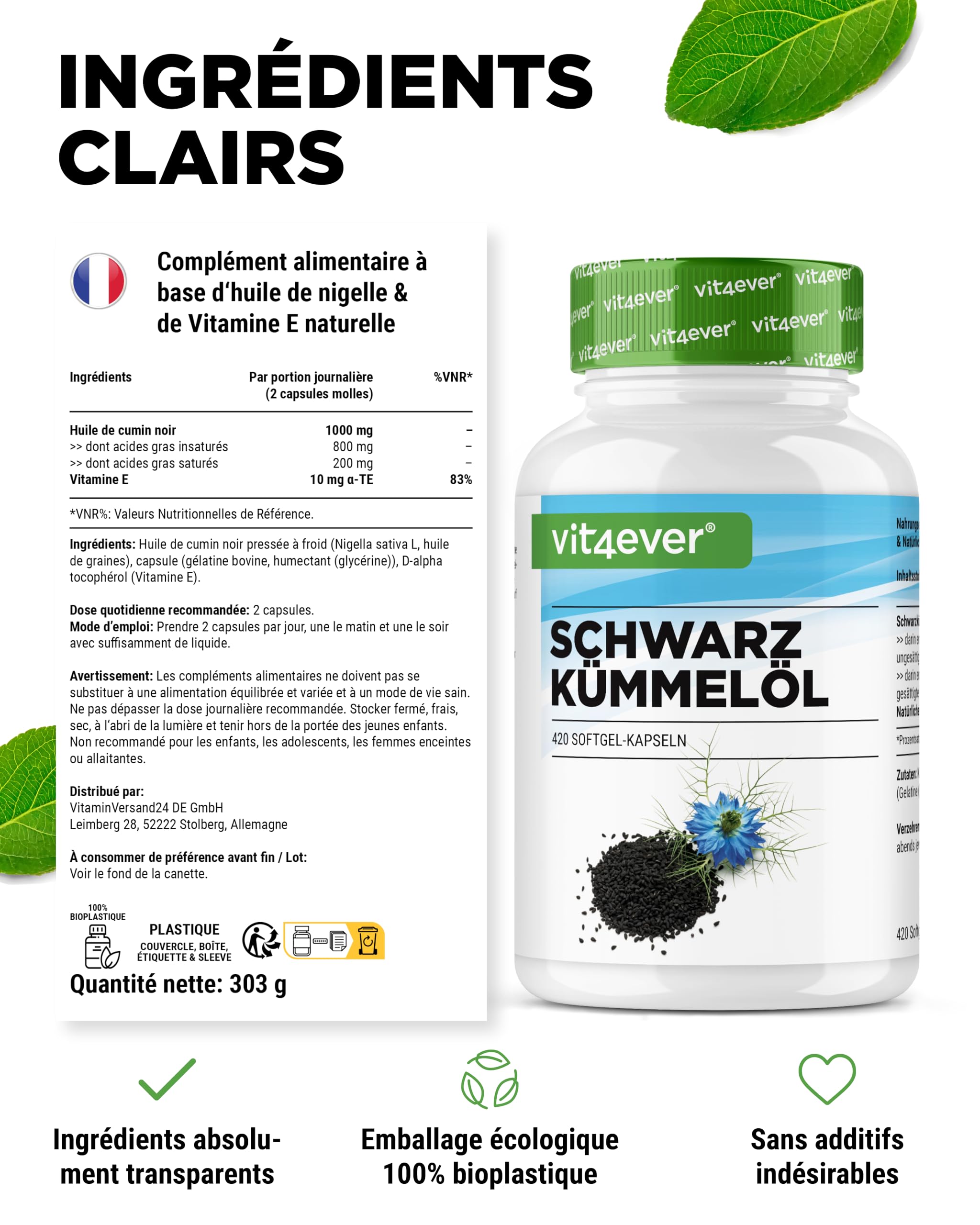 Huile de Cumin Noir - 420 capsules - 1000 mg par Portion Journalière - Egyptienne, Naturelle & Pressée à Froid - Véritable Nigella sativacapsules d'Huile de Cumin Noir à Haute Dose.