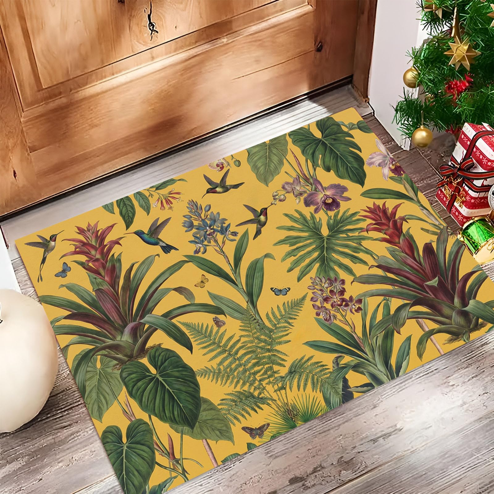 Felpudo Ultrafino Para Interiores, 80X120Cm, Plantas Tropicales Retro Alfombra Antideslizante Lavable Para Entrada, Colibríes Exóticos Flores Felpudo De Perfil Bajo, Atrapa Suciedad, Amarillo