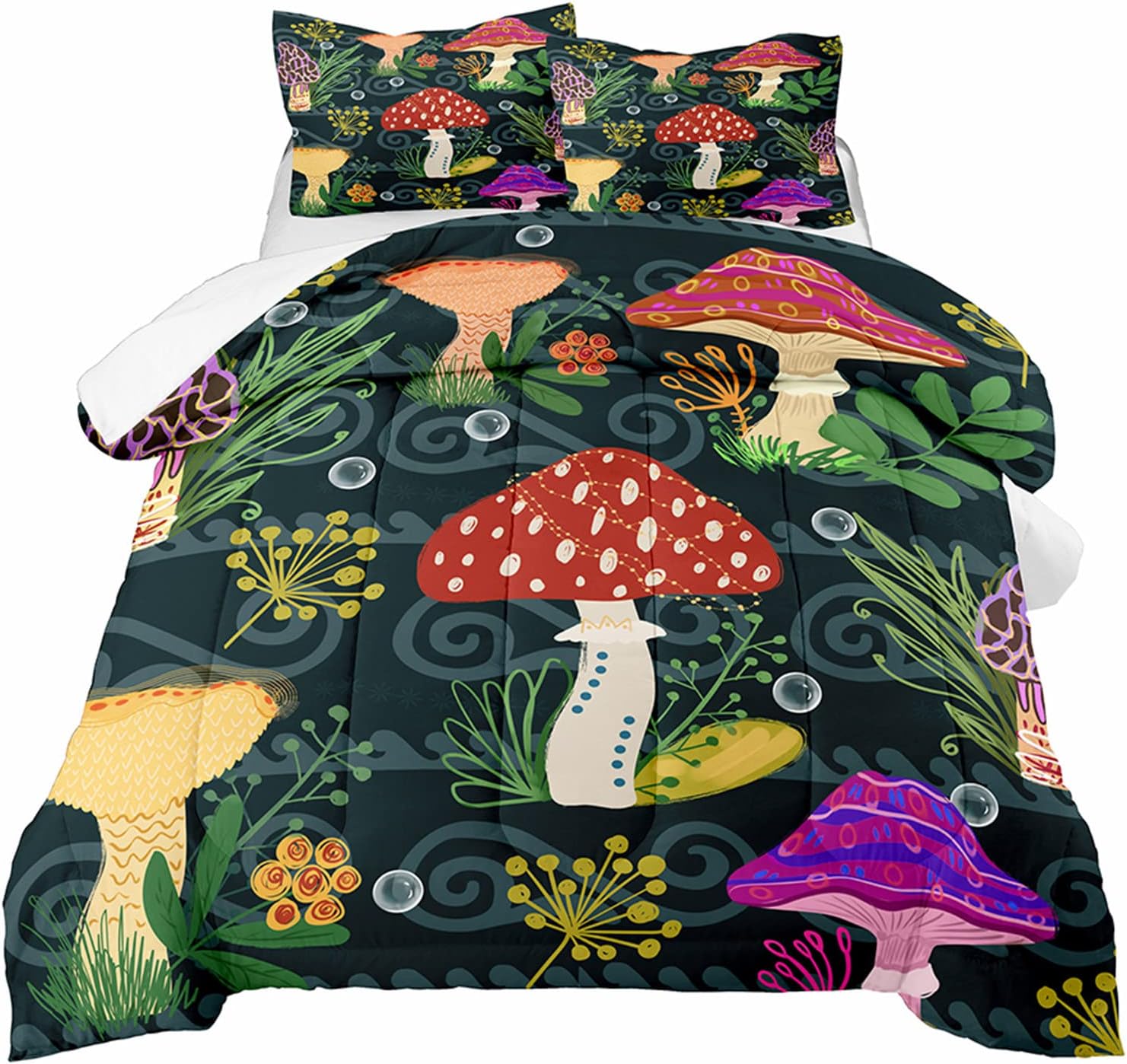 Mushrooms Bedding Set Twin Size, Cartoon Fungus Comforter