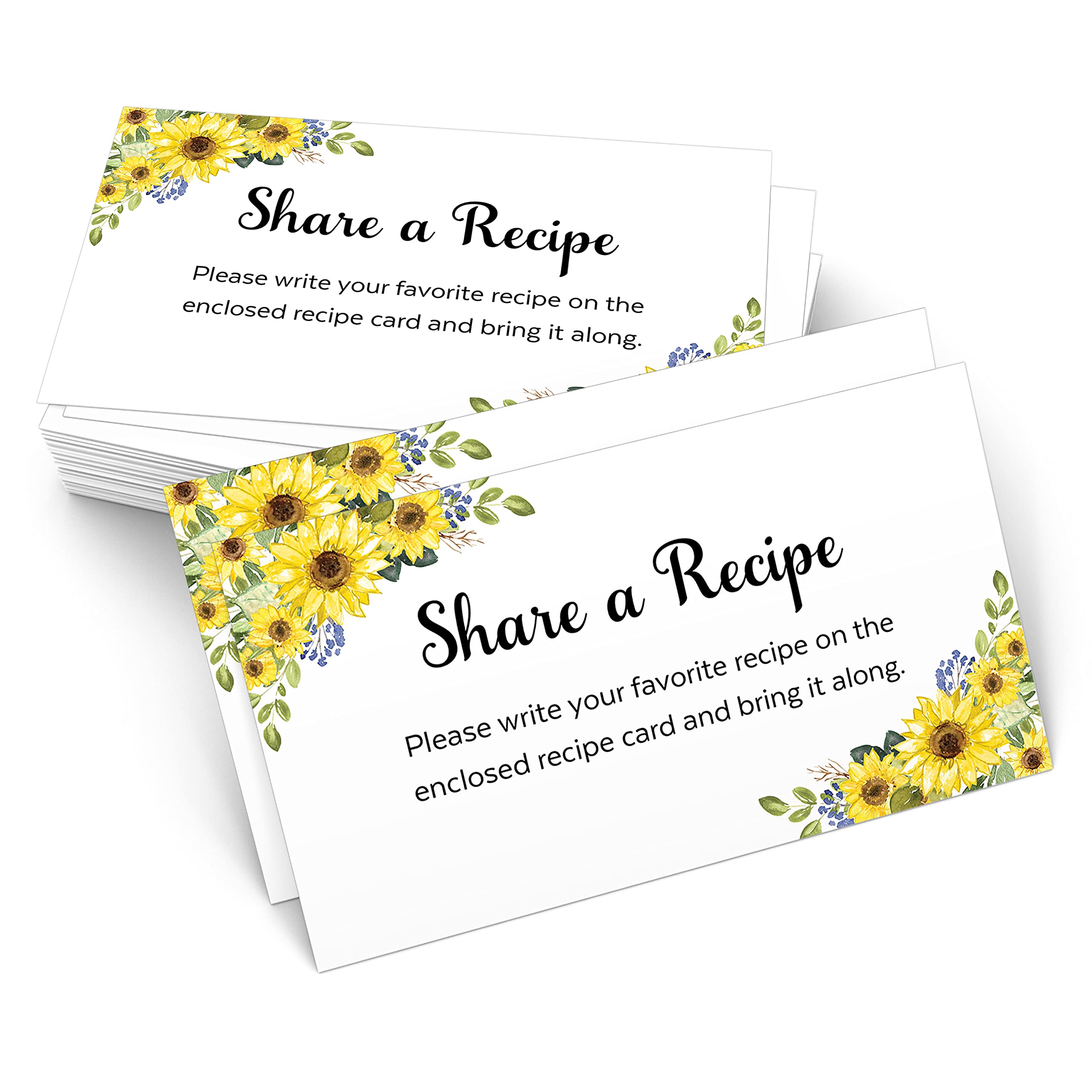 321Done Sunflower Request a Recipe Card (Set of 50) 3.5x2 White - Floral Recipe Share Insert Card for Bridal Shower Invitation, Keepsake, Heavy