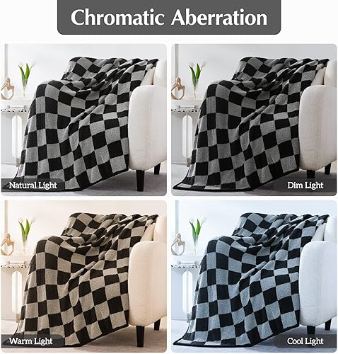 Miniatura 3 de WRENSONGE Manta de microfibra a cuadros color negro y gris, suave, acogedora, esponjosa, cálida, hecha a mano, para sofá, silla, cama, pícnic,