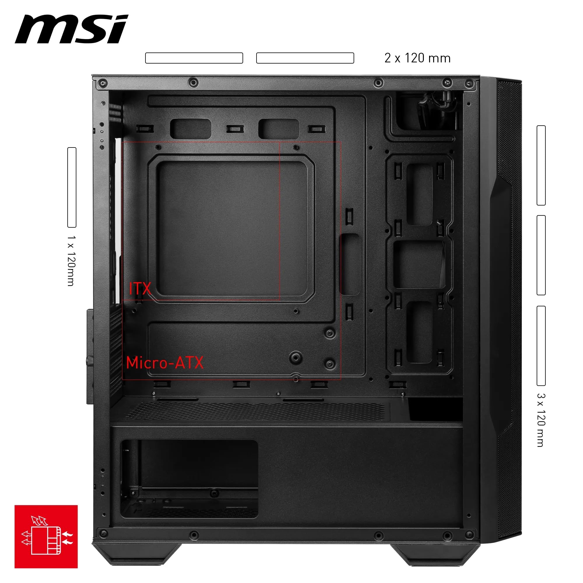 MSI MAG Forge M100R Boîtier PC Mini-Tour - Verre trempé, capacité Micro-ATX et Mini-ITX, Panneau Avant en Maille, 4 Ventilateurs ARGB de 120 mm avec contrôleur Hub, Filtre Anti-poussière magnétique