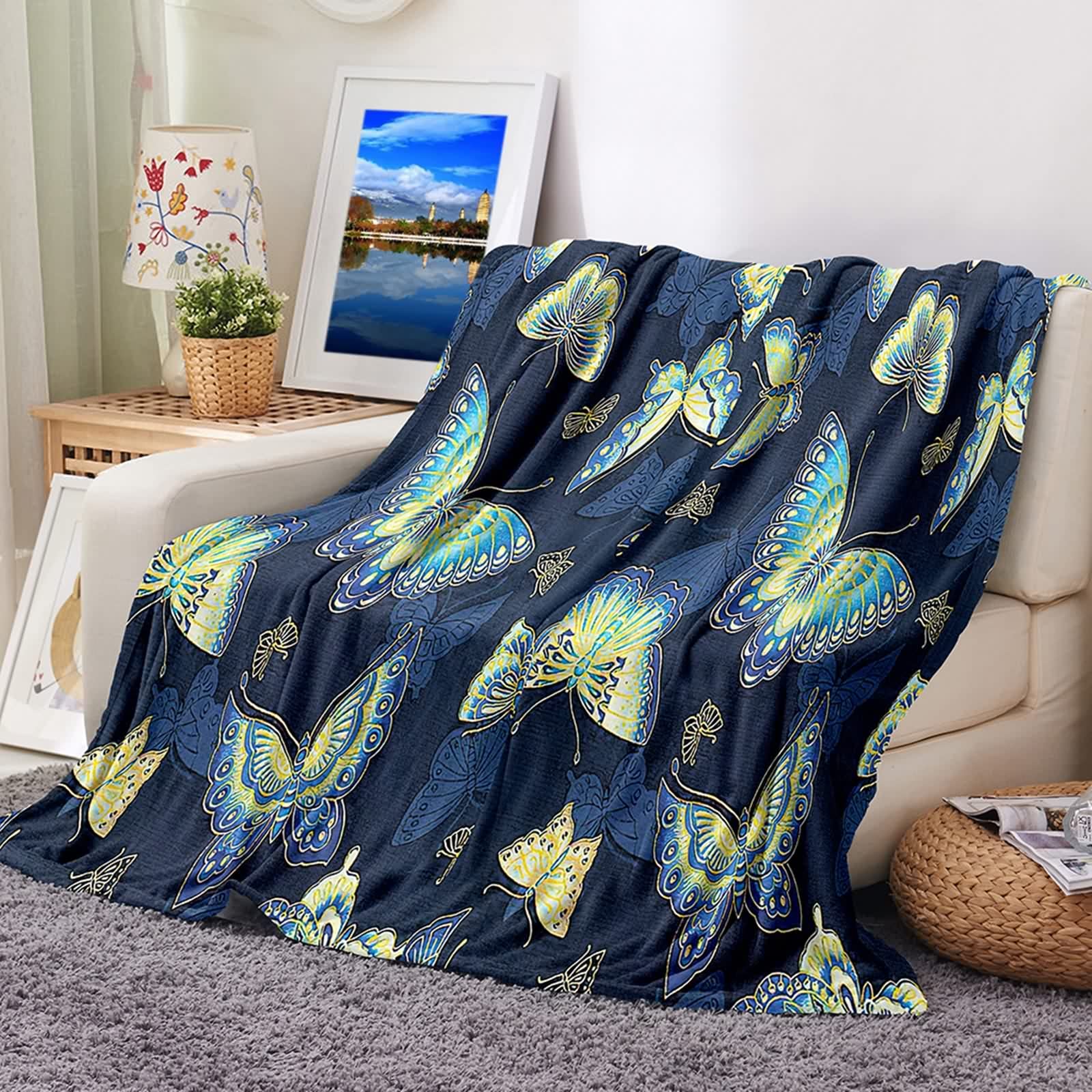 Couverture polaire chaude en flanelle douce KnSam plaid bleu marine imprimé papillons