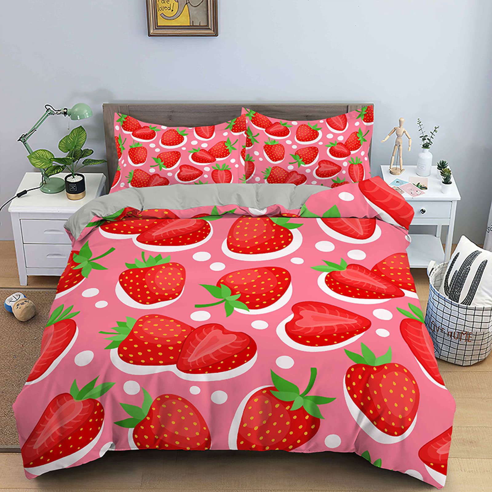 Housse de couette 90x190 enfant fraise rose en microfibre douce avec sa taie d'oreiller