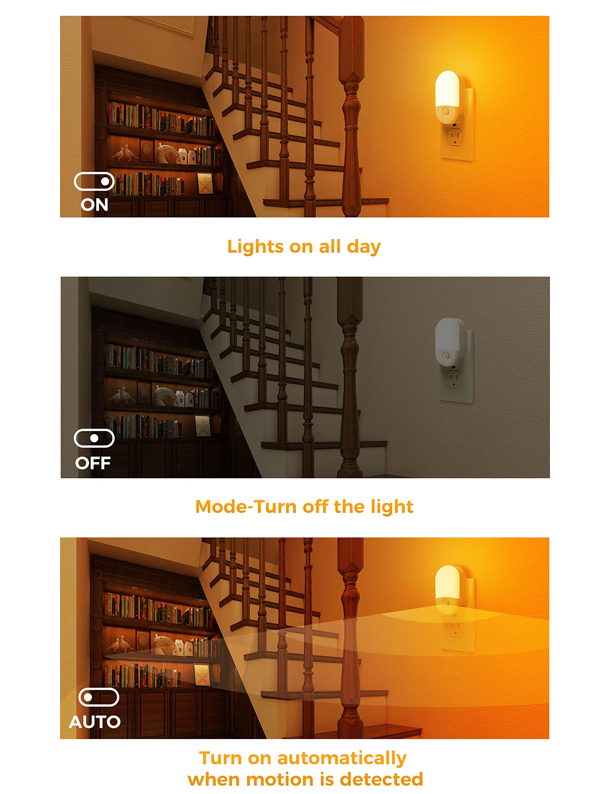 Bernstein-Nachtlicht, LOHAS bernsteinfarbene Nachtlichter, zum Einstecken in die Wand, Bewegungsmelder, 0,6 W, 2000 K, LED-Nachtlicht, 30/60 lm, einstellbare Helligkeit, automatisches niedriges blaues