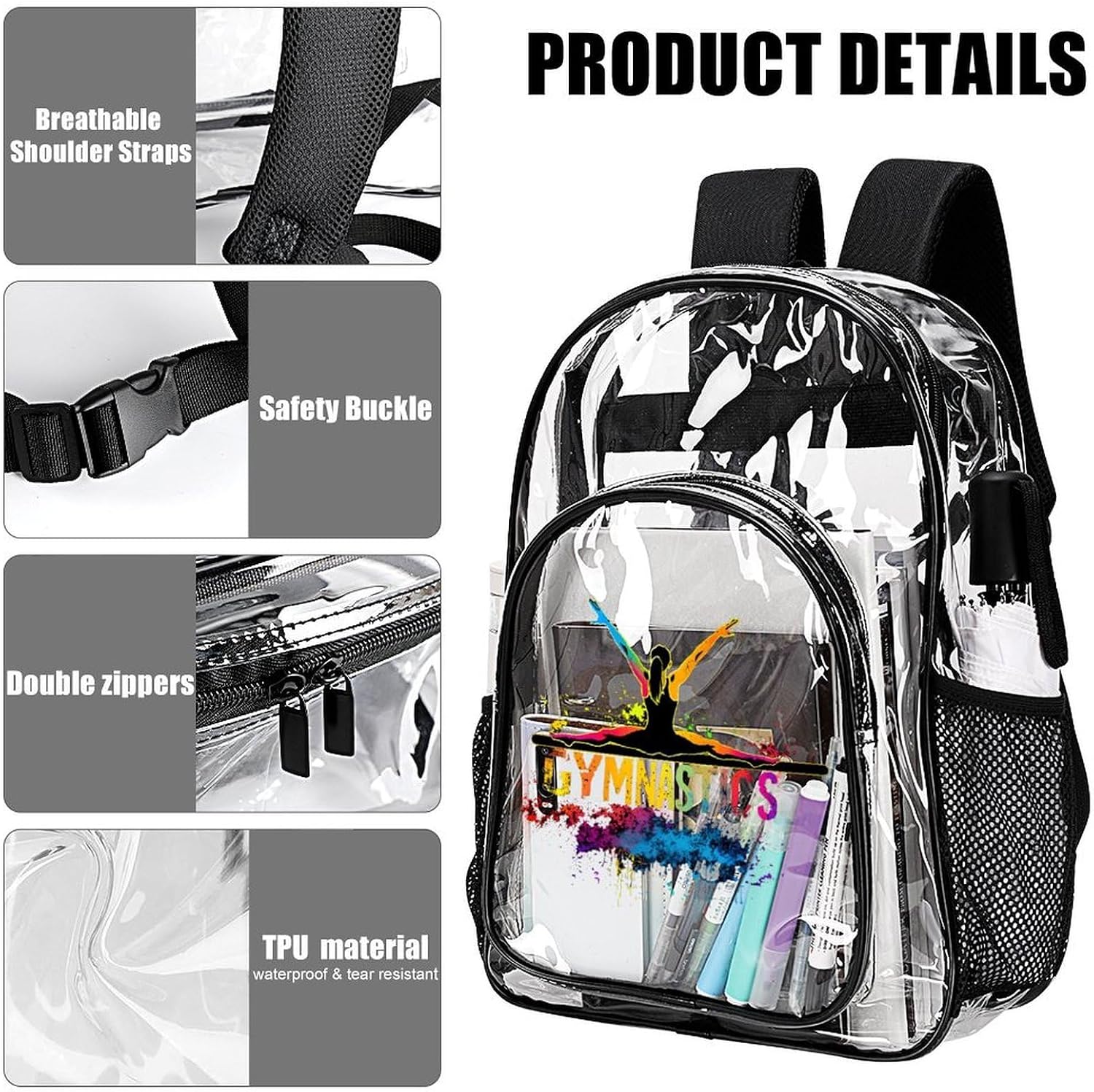 Gymnastics Gymnast Clear Backpack Transparent Shoulder Bag | Heavy Duty Back Pack Water-Resistant PVC Plastic