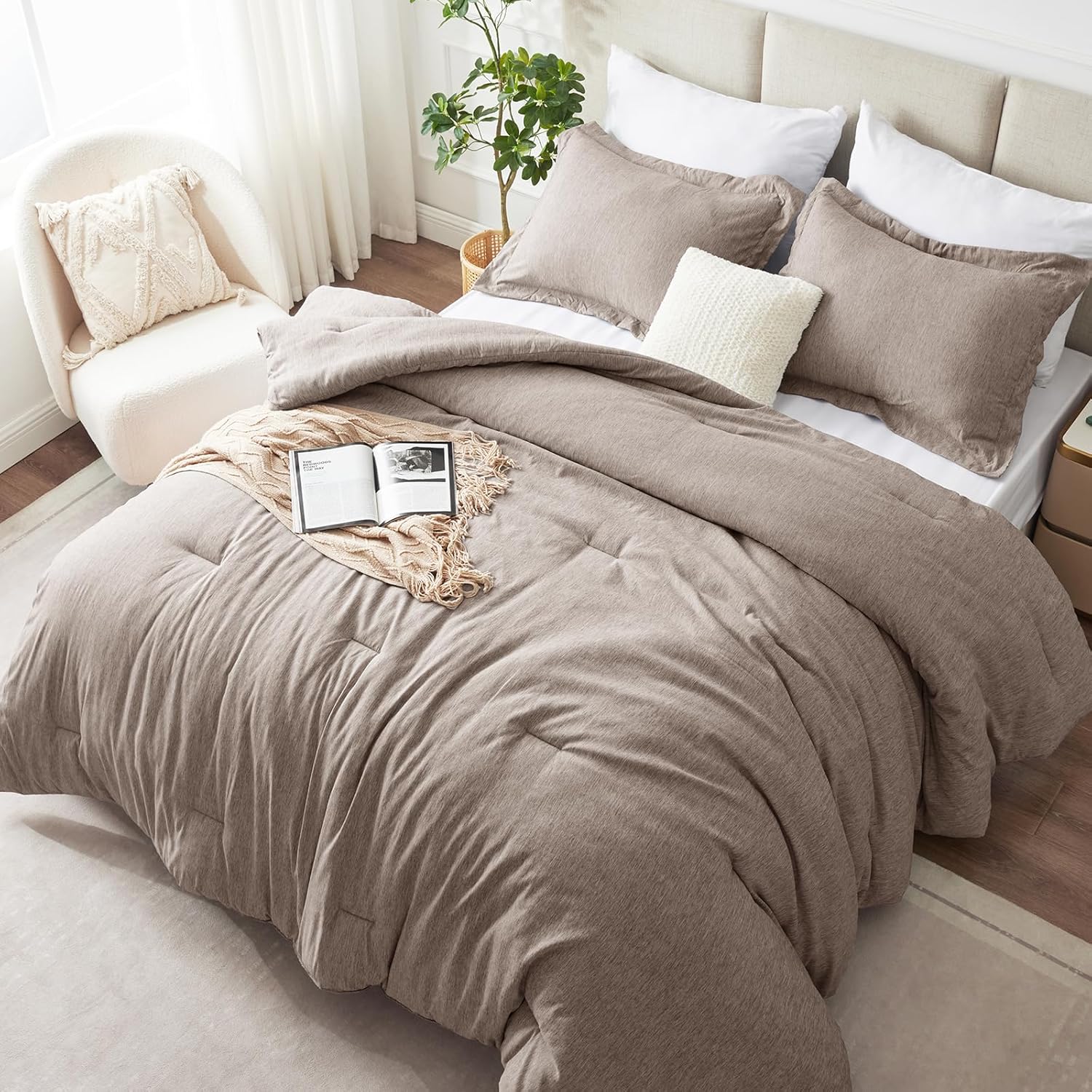 CozyLux King Size Comforter Set - 3 Pieces Khaki Soft Luxury Cationic Dyeing Bedding Comforter for All Season, Breathable Lightweight Fluffy Bed Sets with 1 Comforter and 2 Pillow Shams Khaki King