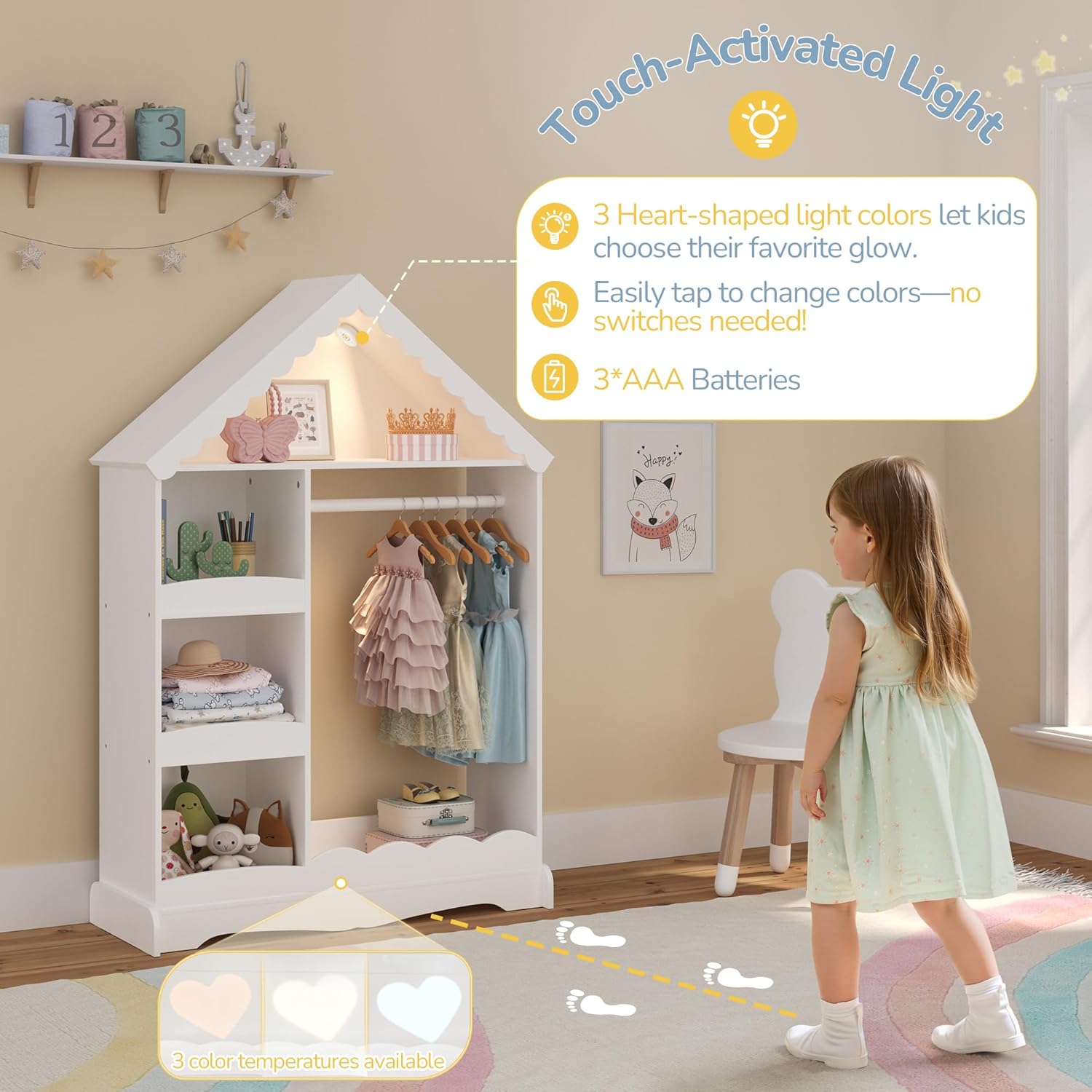 Curipeer Dollhouse Kids Dress Up Storage with Full-Length Mirror & Touch Activated Light, Open Hanging Kids Wardrobe Closet, Toddler Dress up Rack, Armoire Costume Organizer for Playroom, White