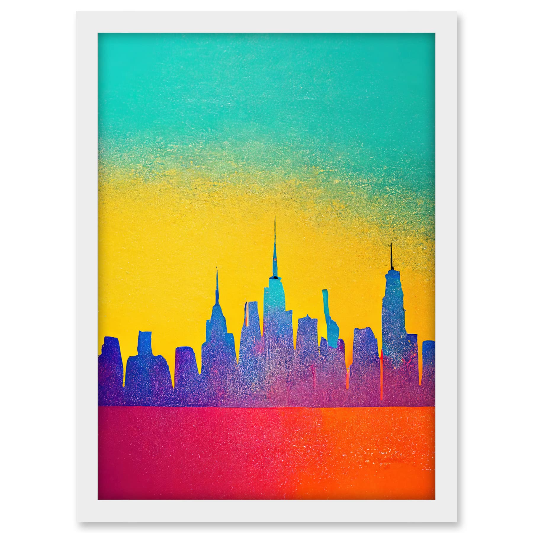 Wee Blue Coo Bright Colourful Abstract New York Skyline Cityscape Yellow Blue Coral Turquoise Artwork Framed A3 Wall Art Print